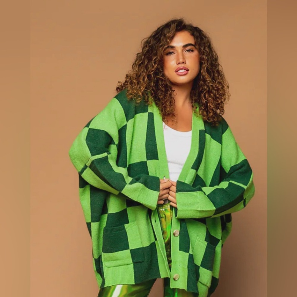 dressed in lala green checkered print cardigan oversized